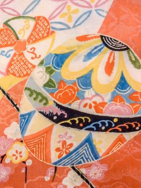 Photo5: N0624A Vintage Japanese Kimono  Pale Orange Cutting cloth Peony Silk. (Grade C) (5)