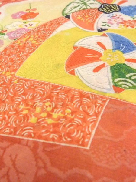 Photo9: N0624A Vintage Japanese Kimono  Pale Orange Cutting cloth Peony Silk. (Grade C) (9)