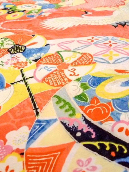 Photo12: N0624A Vintage Japanese Kimono  Pale Orange Cutting cloth Peony Silk. (Grade C) (12)