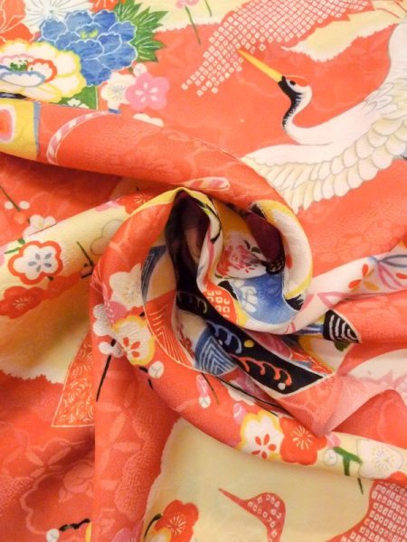 Photo13: N0624A Vintage Japanese Kimono  Pale Orange Cutting cloth Peony Silk. (Grade C) (13)