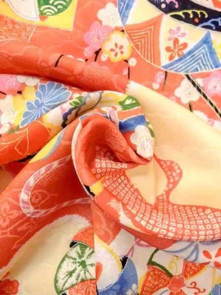 Photo14: N0624A Vintage Japanese Kimono  Pale Orange Cutting cloth Peony Silk. (Grade C) (14)