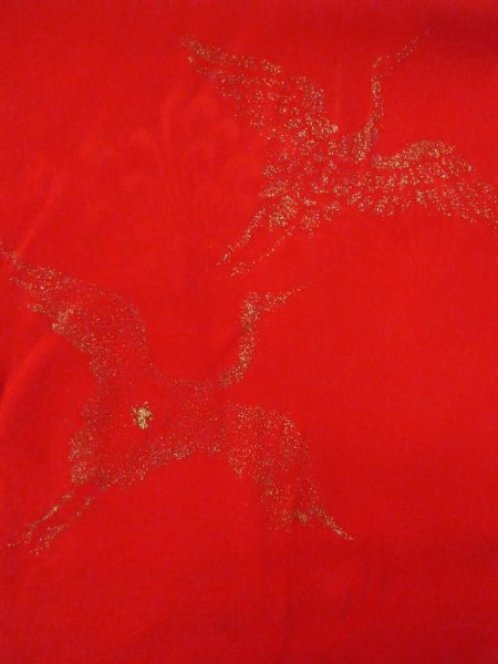 Photo3: N0629F Antique Japanese women   Red Kids/Girls / Silk. Crane W/embroidary half collar. Base woven pattern: Folding fan, Tortoise-shell pattern(Hexagonal pattern), KUMIHIMO rope with tassels  (Grade B) (3)