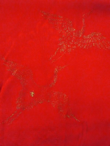 Photo4: N0629F Antique Japanese women   Red Kids/Girls / Silk. Crane W/embroidary half collar. Base woven pattern: Folding fan, Tortoise-shell pattern(Hexagonal pattern), KUMIHIMO rope with tassels  (Grade B) (4)