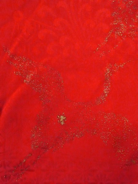 Photo6: N0629F Antique Japanese women   Red Kids/Girls / Silk. Crane W/embroidary half collar. Base woven pattern: Folding fan, Tortoise-shell pattern(Hexagonal pattern), KUMIHIMO rope with tassels  (Grade B) (6)