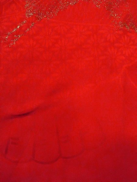 Photo7: N0629F Antique Japanese women   Red Kids/Girls / Silk. Crane W/embroidary half collar. Base woven pattern: Folding fan, Tortoise-shell pattern(Hexagonal pattern), KUMIHIMO rope with tassels  (Grade B) (7)