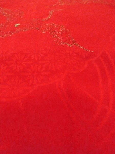 Photo9: N0629F Antique Japanese women   Red Kids/Girls / Silk. Crane W/embroidary half collar. Base woven pattern: Folding fan, Tortoise-shell pattern(Hexagonal pattern), KUMIHIMO rope with tassels  (Grade B) (9)