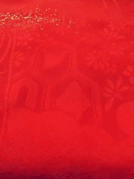 Photo10: N0629F Antique Japanese women   Red Kids/Girls / Silk. Crane W/embroidary half collar. Base woven pattern: Folding fan, Tortoise-shell pattern(Hexagonal pattern), KUMIHIMO rope with tassels  (Grade B) (10)