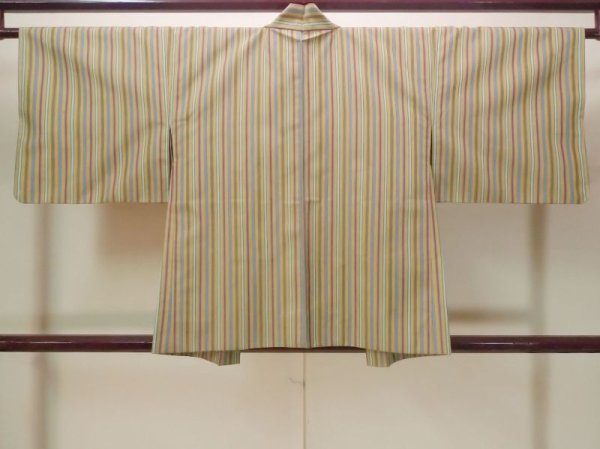 Photo2: N0717B Vintage Japanese women   Beige HAORI short jacket / Silk. Stripes   (Grade C) (2)