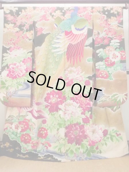 Photo1: N0717E Antique Japanese women   Black FURISODE long-sleeved / Silk. Peony,   (Grade B) (1)