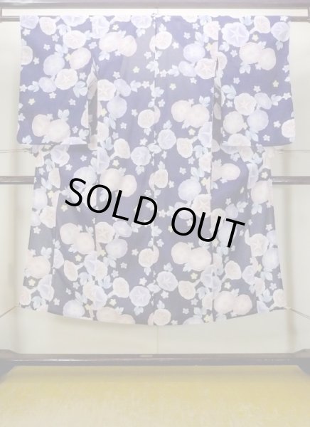 Photo1: N0717F Used Japanese women   Navy Blue YUKATA summer(made in Other than Japan) / Cotton. Flower, Morning groly pattern  (Grade D) (1)
