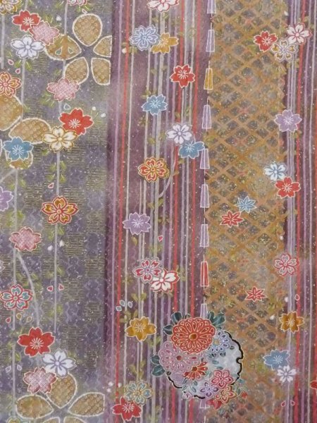 Photo4: N0717K Used Japanese women  Grayish Multi Color KOMON dyed / Silk. SAKURA cherry blossom,   (Grade B) (4)