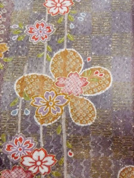 Photo7: N0717K Used Japanese women  Grayish Multi Color KOMON dyed / Silk. SAKURA cherry blossom,   (Grade B) (7)