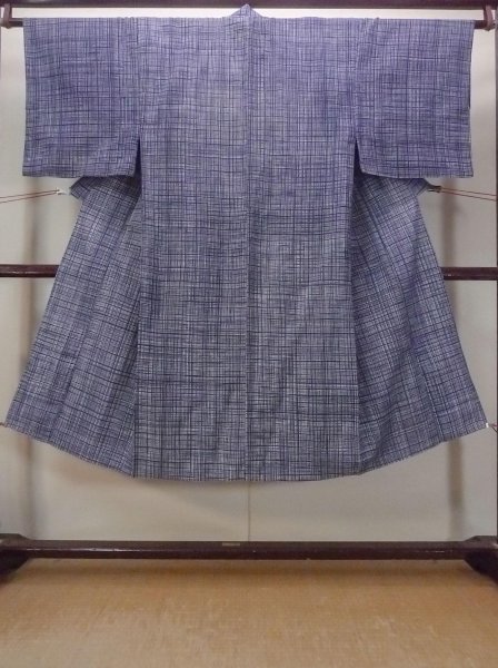 Photo1: N0731D Vintage Japanese kimono   Gray Men's Yukata for Men / Cotton. Plaid Checks   (Grade C) (1)
