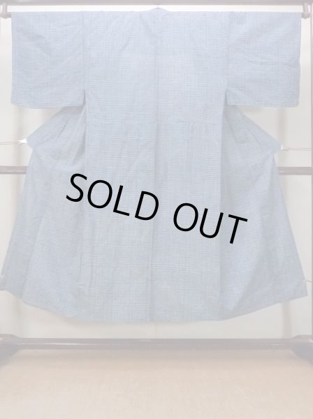 Photo1: N0731P Vintage Japanese kimono   Light Blue Men's Yukata for Men / Cotton. Plaid Checks   (Grade C) (1)
