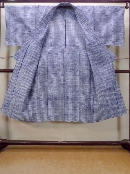 Photo2: N0731U Vintage Japanese kimono   Light Blue Men's Yukata for Men / Cotton. Plaid Checks,   (Grade D) (2)