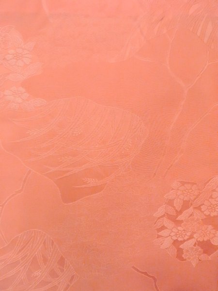 Photo4: N0814I Vintage Japanese women  Shiny Coral IROMUJI plain colored / Silk. Tall grass   (Grade B) (4)