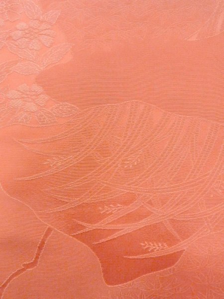 Photo6: N0814I Vintage Japanese women  Shiny Coral IROMUJI plain colored / Silk. Tall grass   (Grade B) (6)