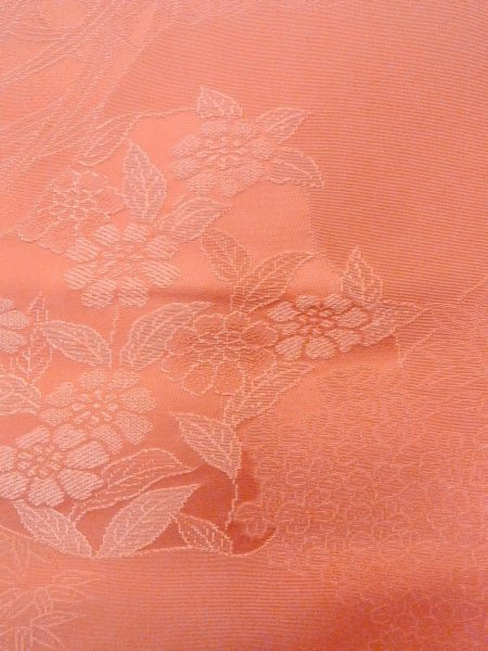 Photo7: N0814I Vintage Japanese women  Shiny Coral IROMUJI plain colored / Silk. Tall grass   (Grade B) (7)