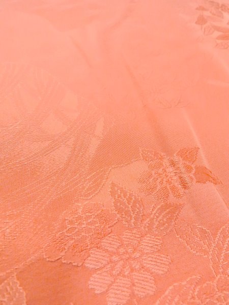 Photo8: N0814I Vintage Japanese women  Shiny Coral IROMUJI plain colored / Silk. Tall grass   (Grade B) (8)