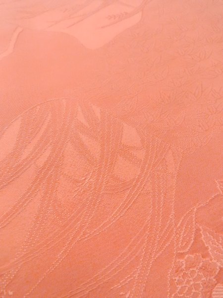 Photo10: N0814I Vintage Japanese women  Shiny Coral IROMUJI plain colored / Silk. Tall grass   (Grade B) (10)