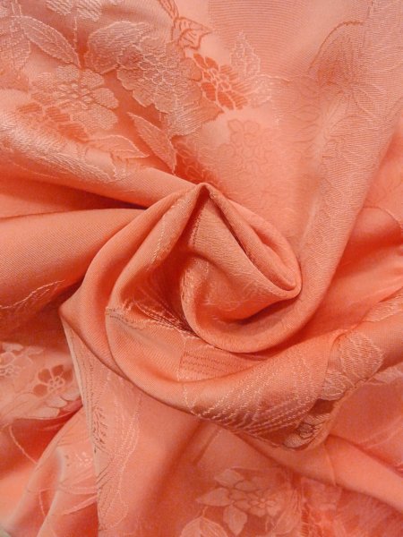 Photo12: N0814I Vintage Japanese women  Shiny Coral IROMUJI plain colored / Silk. Tall grass   (Grade B) (12)