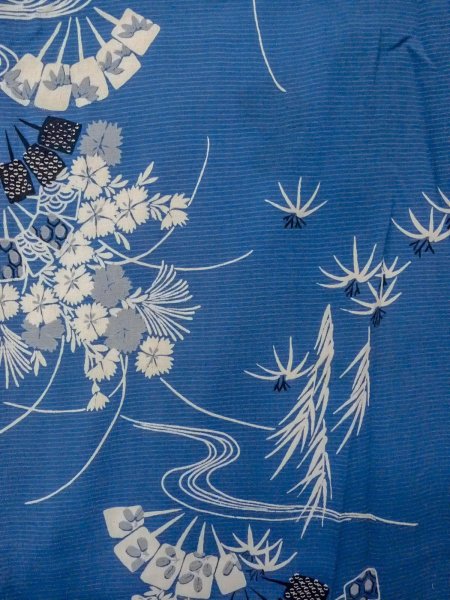 Photo4: N0814L Antique Japanese women   Blue KOMON dyed / Silk. Chrysanthemum,   (Grade D) (4)