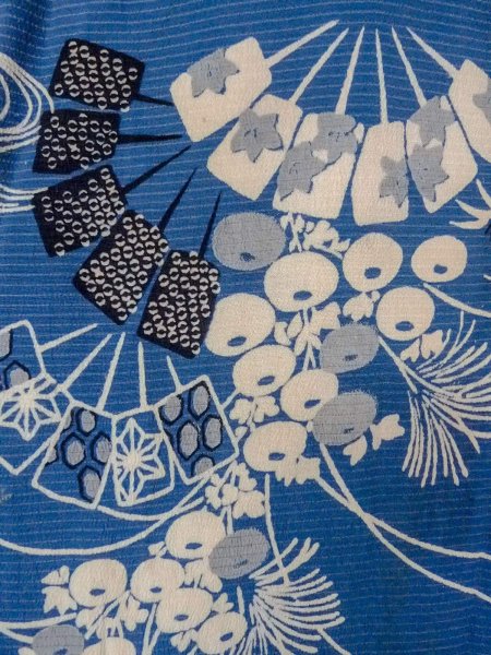 Photo5: N0814L Antique Japanese women   Blue KOMON dyed / Silk. Chrysanthemum,   (Grade D) (5)