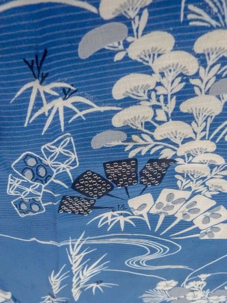 Photo10: N0814L Antique Japanese women   Blue KOMON dyed / Silk. Chrysanthemum,   (Grade D) (10)