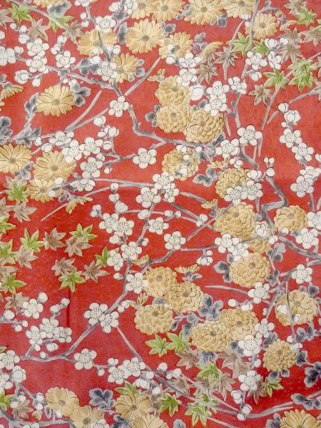 Photo4: N0814Q Used Japanese women  Pale Vermilion KOMON dyed / Silk. Chrysanthemum,   (Grade B) (4)