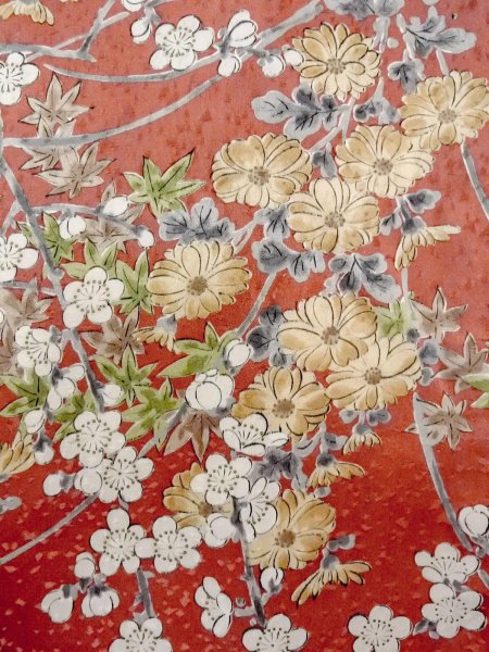 Photo5: N0814Q Used Japanese women  Pale Vermilion KOMON dyed / Silk. Chrysanthemum,   (Grade B) (5)