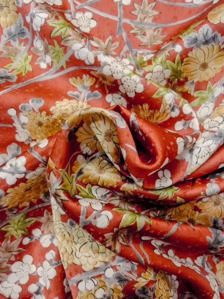 Photo11: N0814Q Used Japanese women  Pale Vermilion KOMON dyed / Silk. Chrysanthemum,   (Grade B) (11)