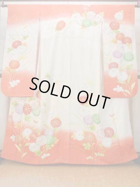 Photo2: N0814T Vintage Japanese women   Off White FURISODE long-sleeved / Silk. Chrysanthemum,   (Grade D) (2)