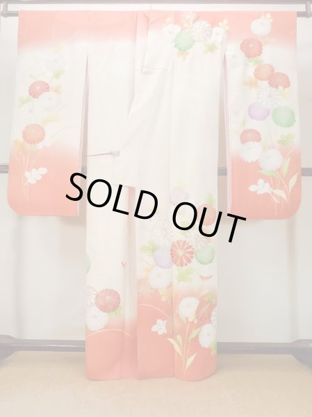 Photo3: N0814T Vintage Japanese women   Off White FURISODE long-sleeved / Silk. Chrysanthemum,   (Grade D) (3)