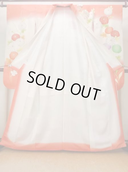 Photo4: N0814T Vintage Japanese women   Off White FURISODE long-sleeved / Silk. Chrysanthemum,   (Grade D) (4)