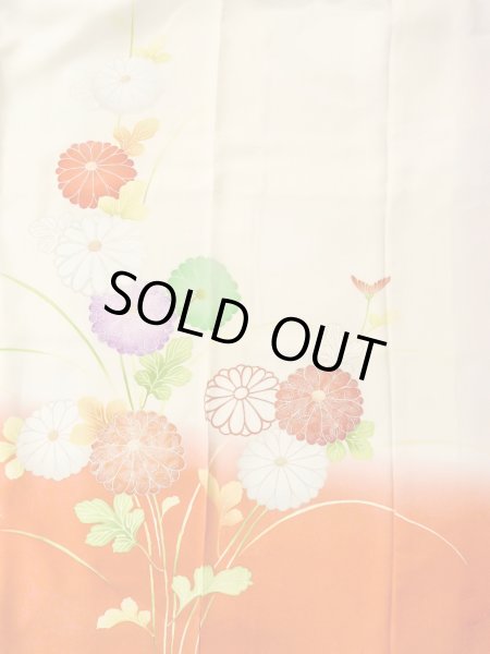 Photo7: N0814T Vintage Japanese women   Off White FURISODE long-sleeved / Silk. Chrysanthemum,   (Grade D) (7)