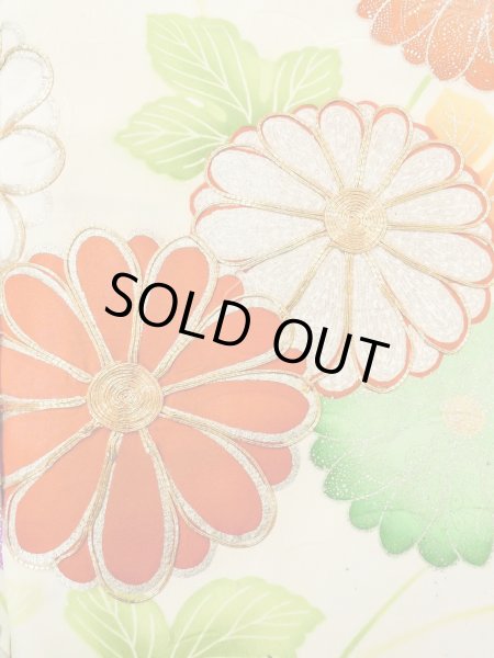 Photo8: N0814T Vintage Japanese women   Off White FURISODE long-sleeved / Silk. Chrysanthemum,   (Grade D) (8)