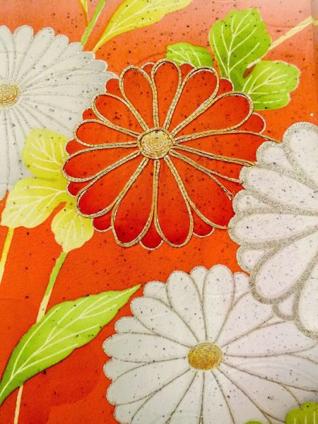 Photo11: N0814T Vintage Japanese women   Off White FURISODE long-sleeved / Silk. Chrysanthemum,   (Grade D) (11)