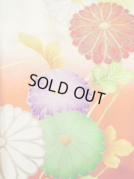Photo12: N0814T Vintage Japanese women   Off White FURISODE long-sleeved / Silk. Chrysanthemum,   (Grade D) (12)