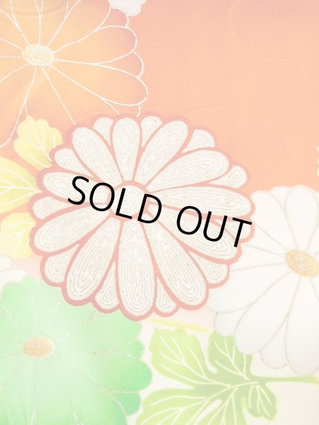 Photo15: N0814T Vintage Japanese women   Off White FURISODE long-sleeved / Silk. Chrysanthemum,   (Grade D) (15)