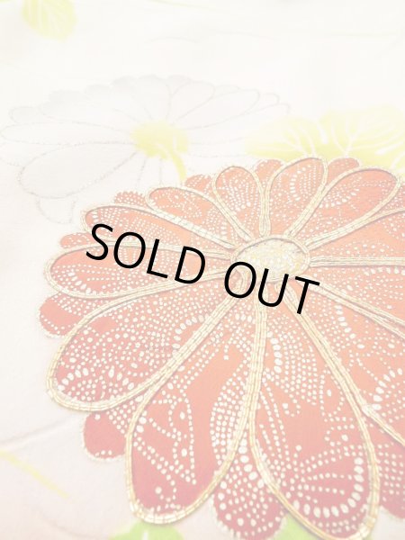 Photo20: N0814T Vintage Japanese women   Off White FURISODE long-sleeved / Silk. Chrysanthemum,   (Grade D) (20)