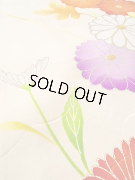 Photo26: N0814T Vintage Japanese women   Off White FURISODE long-sleeved / Silk. Chrysanthemum,   (Grade D) (26)