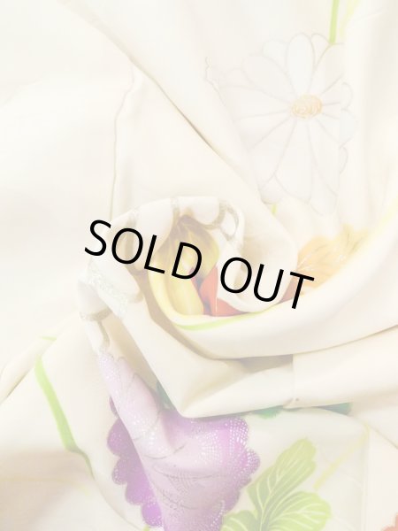 Photo27: N0814T Vintage Japanese women   Off White FURISODE long-sleeved / Silk. Chrysanthemum,   (Grade D) (27)
