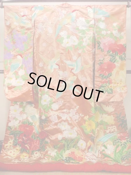 Photo1: N0827C Used Japanese women  Shiny Orange UCHIKAKE Wedding / Silk. Peony,   (Grade B) (1)