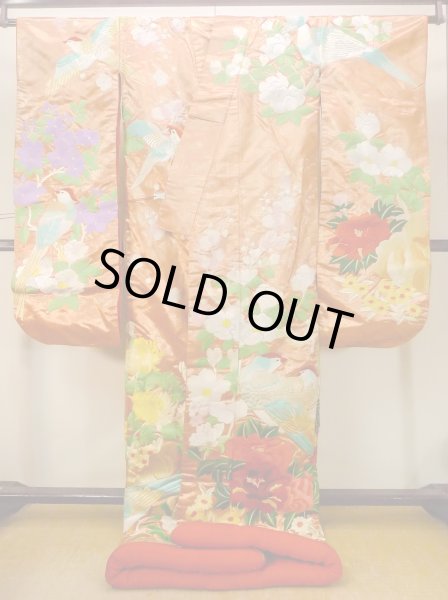 Photo2: N0827C Used Japanese women  Shiny Orange UCHIKAKE Wedding / Silk. Peony,   (Grade B) (2)