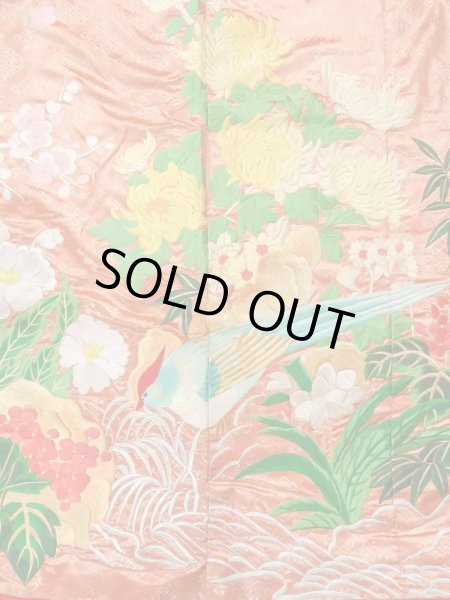 Photo9: N0827C Used Japanese women  Shiny Orange UCHIKAKE Wedding / Silk. Peony,   (Grade B) (9)