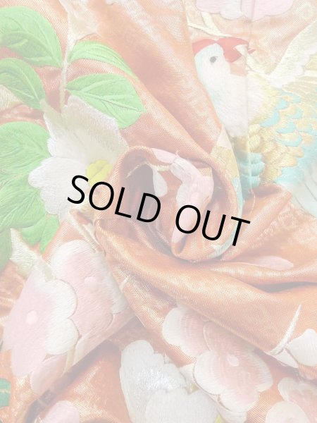 Photo35: N0827C Used Japanese women  Shiny Orange UCHIKAKE Wedding / Silk. Peony,   (Grade B) (35)