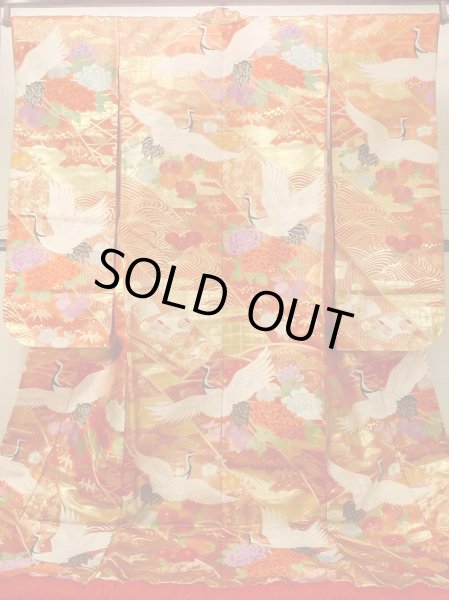 Photo1: N0827E Used Japanese women   Vermilion UCHIKAKE Wedding / Silk. Peony,   (Grade B) (1)