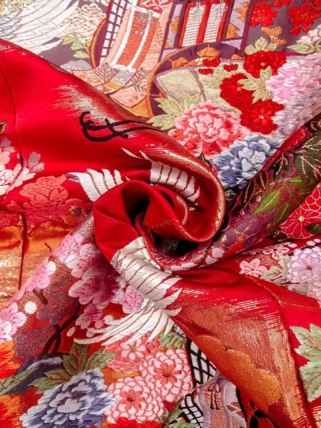 Photo38: Mint N0827L Vintage Japanese women   Red UCHIKAKE Wedding / Silk. SAKURA cherry blossom, Metalic thread  (Grade A) (38)