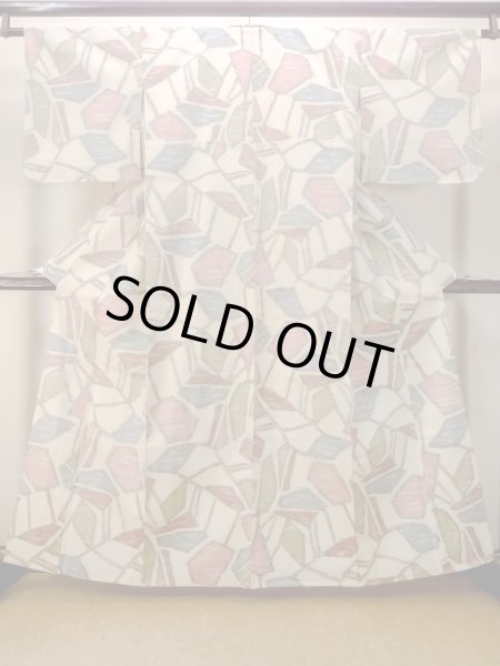Photo1: N0906H Vintage Japanese women   Ivory HITOE unlined / Wool. Abstract pattern Stains/Soils all over.  (Grade D) (1)