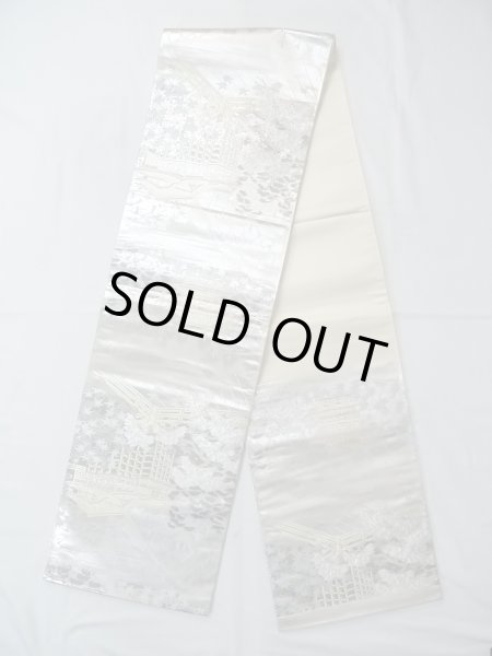 Photo1: Mint N0913B Vintage Japanese Kimono  Shiny White FUKURO OBI sash MOMIJI maple leaf Silk. (Grade A) (1)